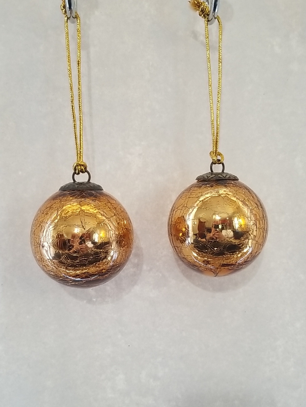Kugel-Style Gold Crackle Mirrored Christmas Ornaments Round Baubles Metal Caps